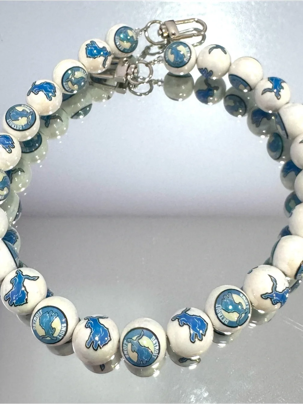 New White and Blue Beaded Lion Bag Chain 18 inches